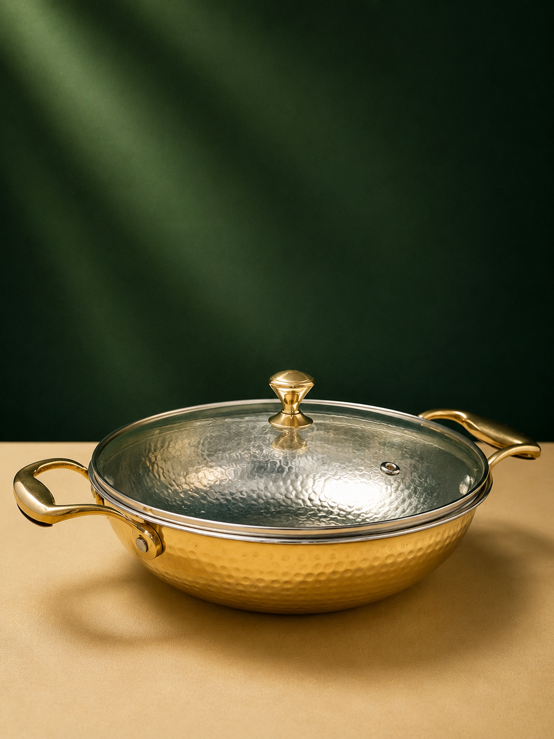 Artisan Hammered Brass Kadhai with Glass Lid