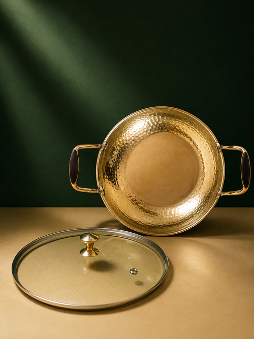 Artisan Hammered Brass Kadhai with Glass Lid