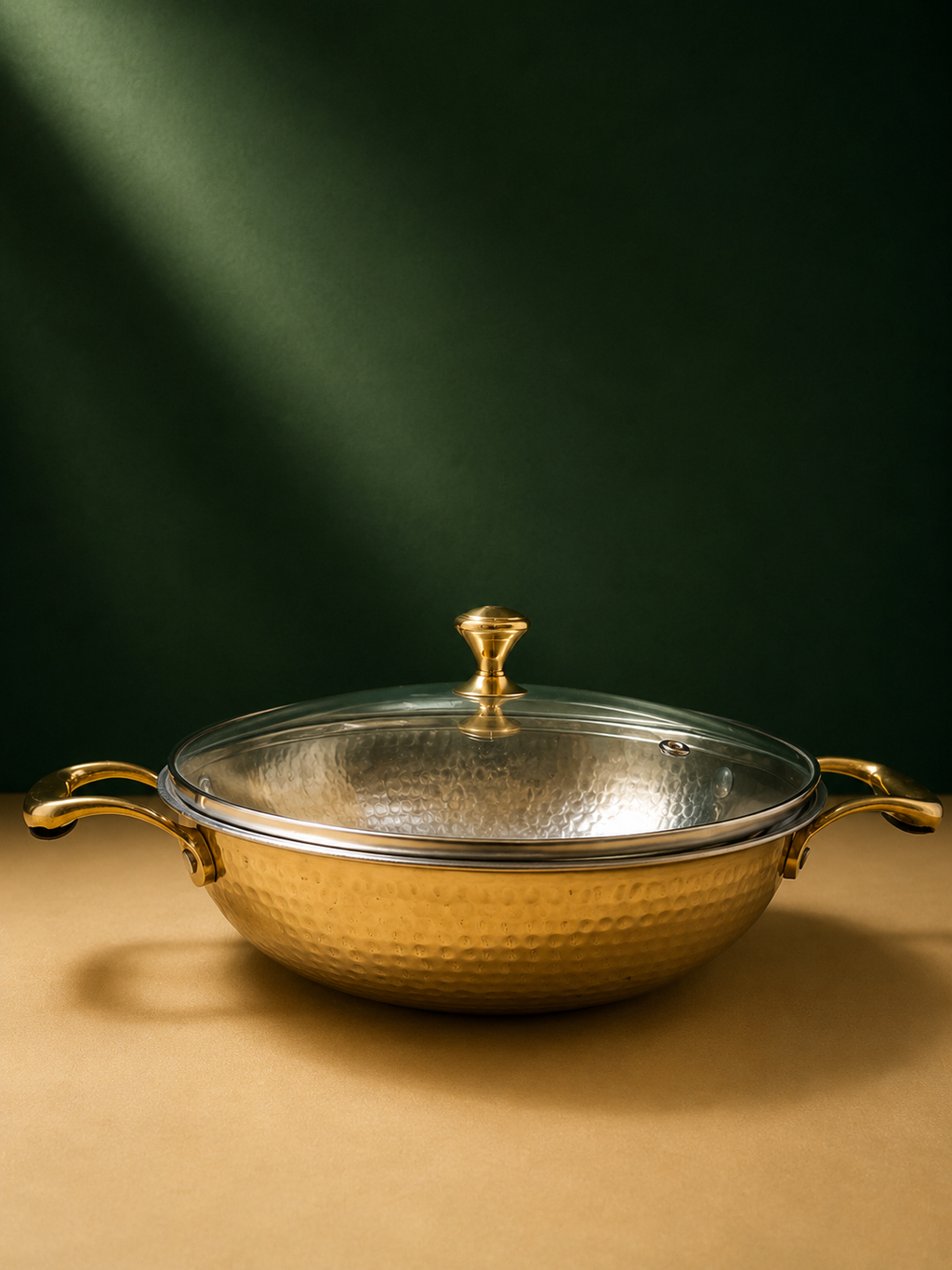 Artisan Hammered Brass Kadhai with Glass Lid