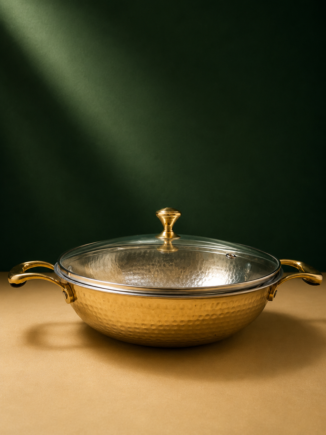 Artisan Hammered Brass Kadhai with Glass Lid