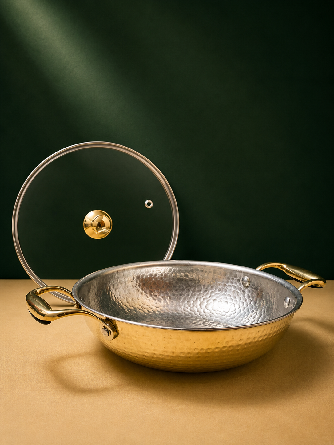 Artisan Hammered Brass Kadhai with Glass Lid