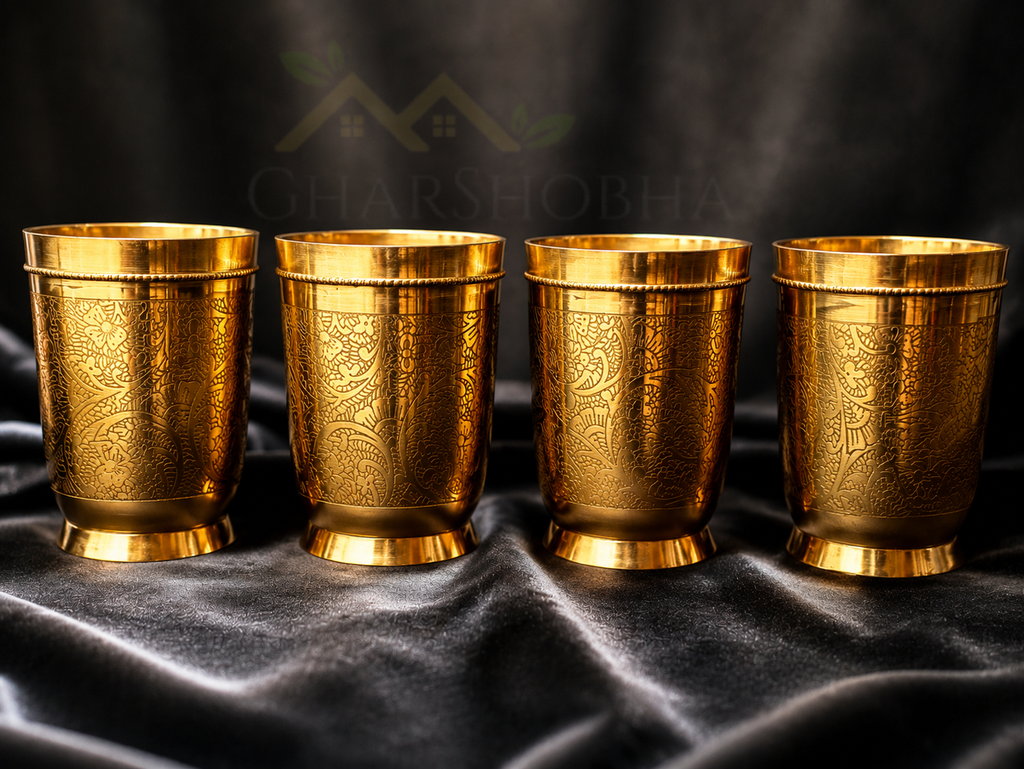 Engraved Flora Brass Glass (Set of 4)