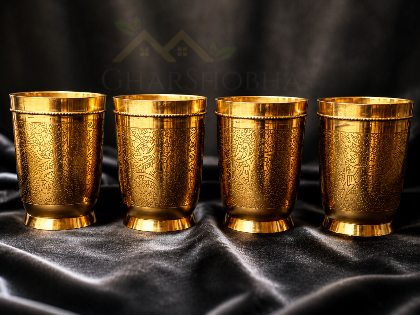Engraved Flora Brass Glass (Set of 4)