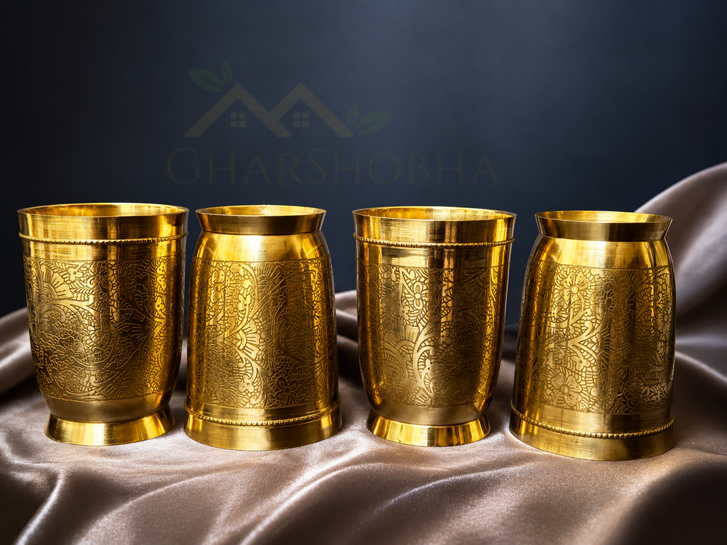 Engraved Flora Brass Glass (Set of 4)