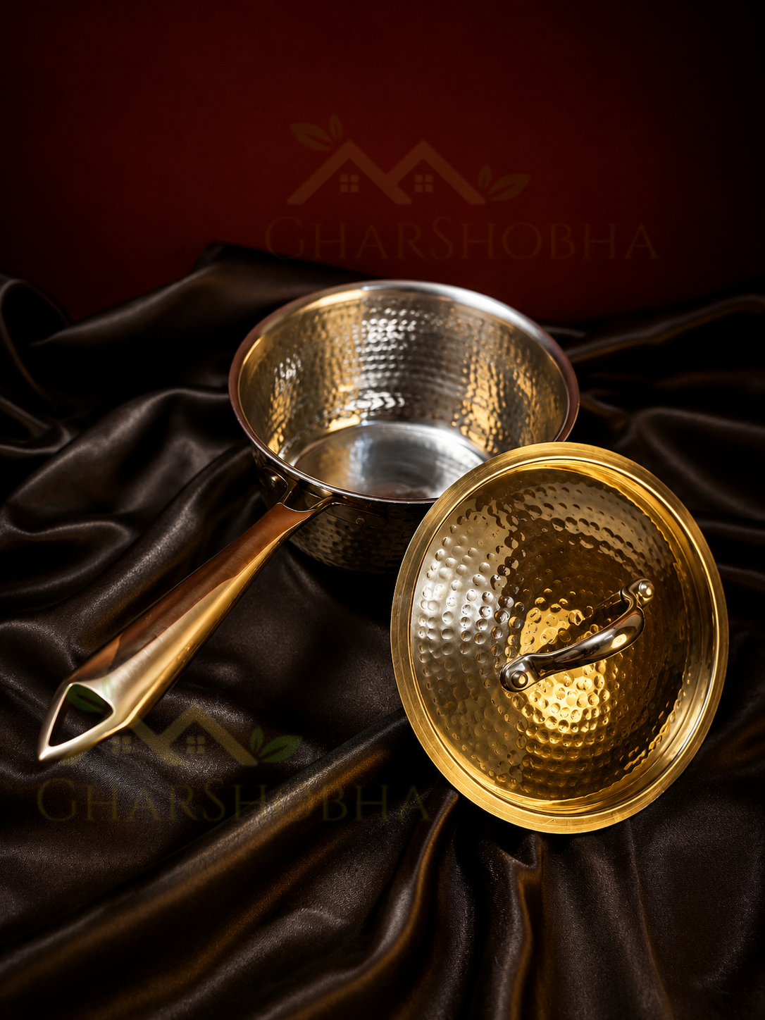 Artisan Hammered Brass Saucepan with Lid / Brass Handle