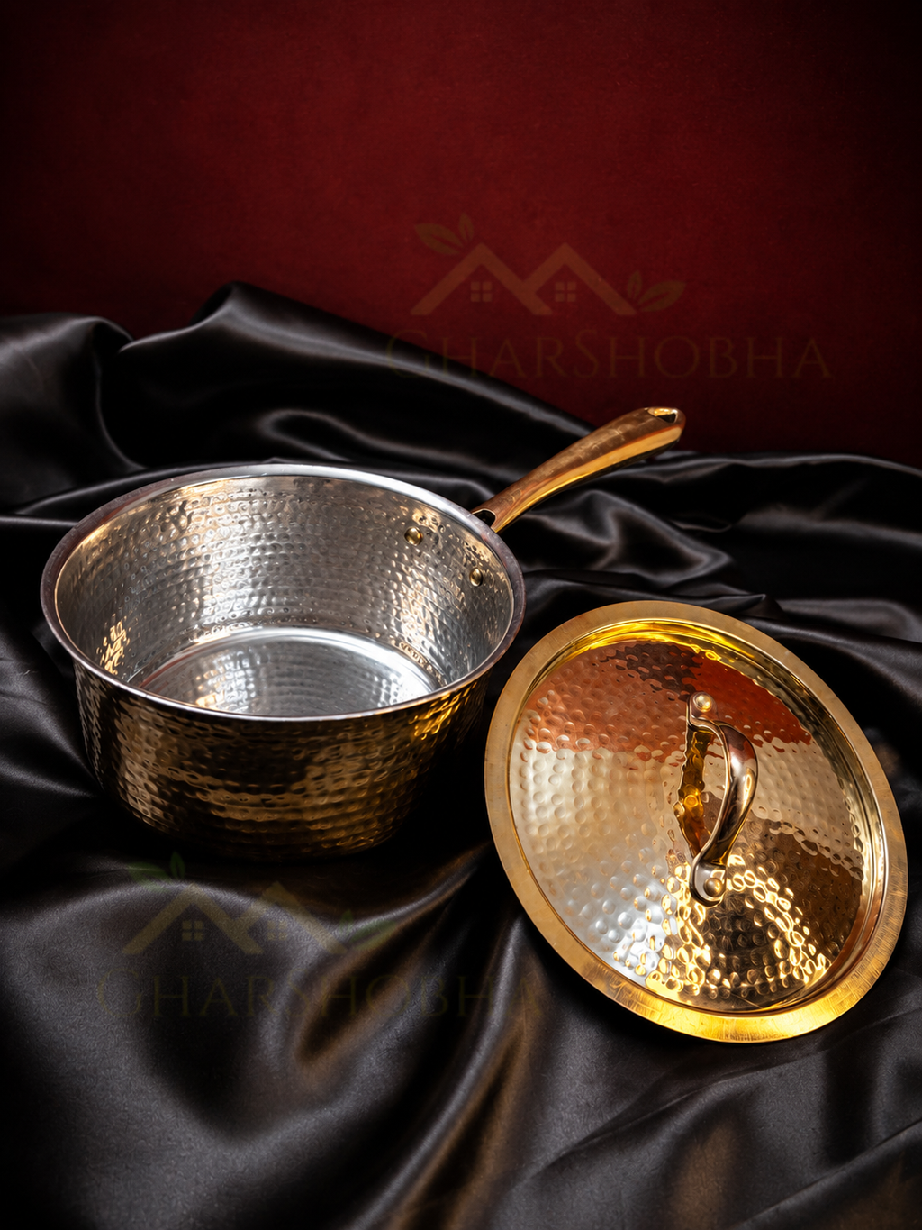 Artisan Hammered Brass Saucepan with Lid / Brass Handle