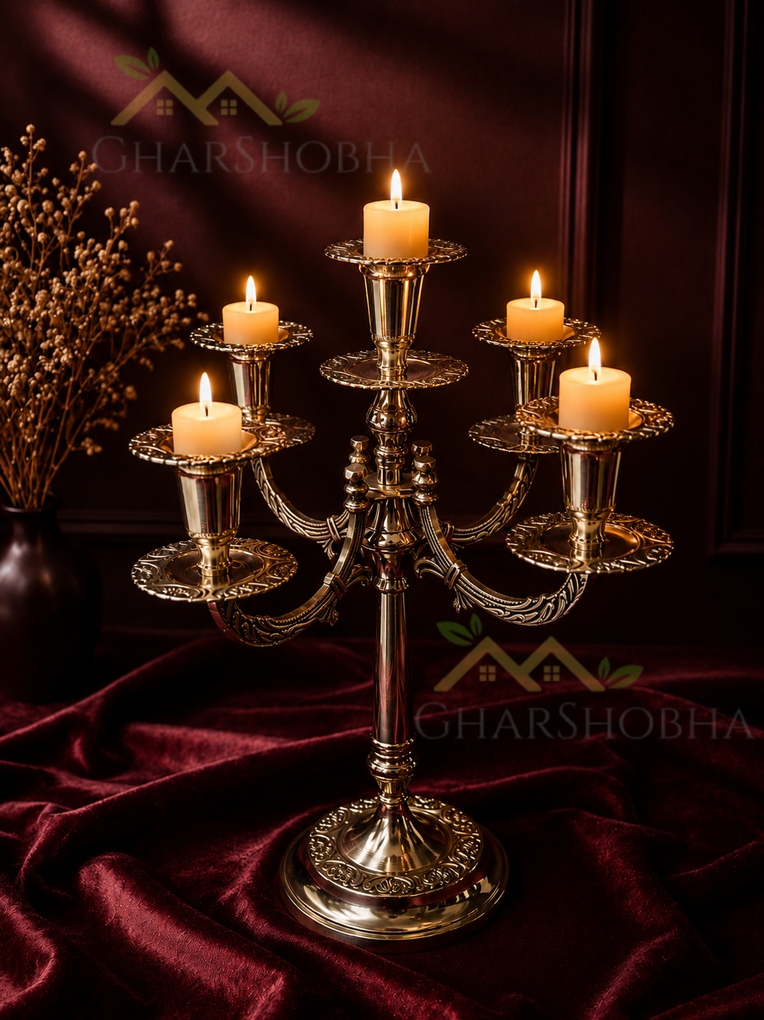Imperial Heritage Brass Candelabra – 5 Arm Luxury Candle Stand