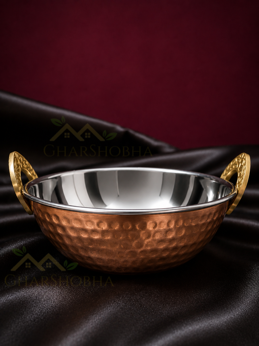 Classic Copper Serving Kadhai with Ornate Brass Handles