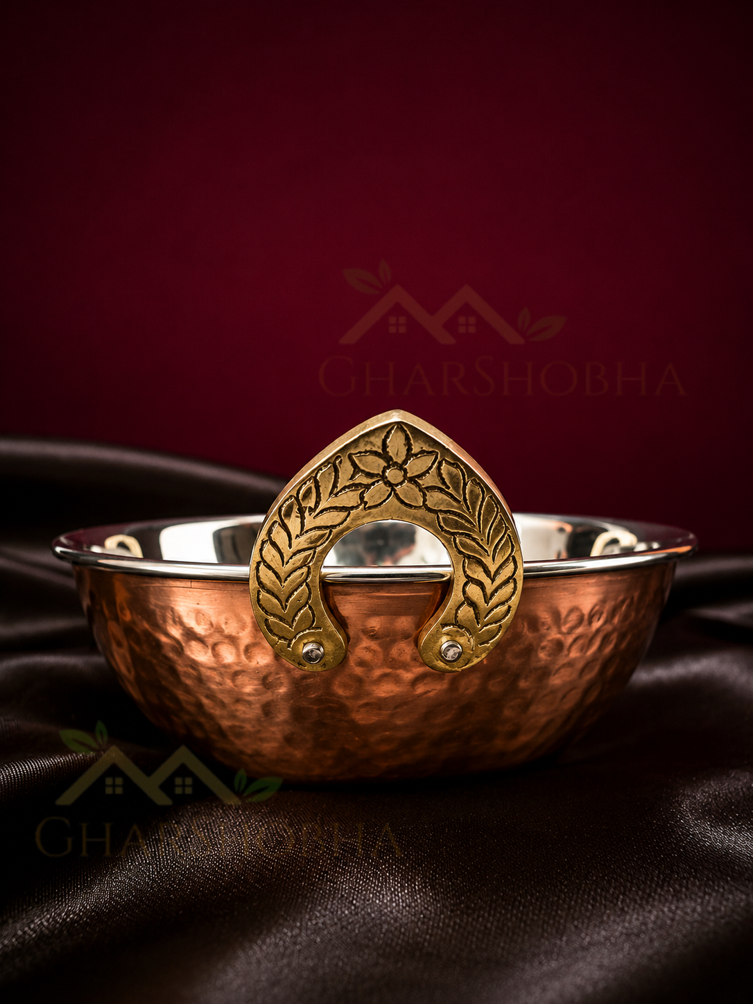 Classic Copper Serving Kadhai with Ornate Brass Handles