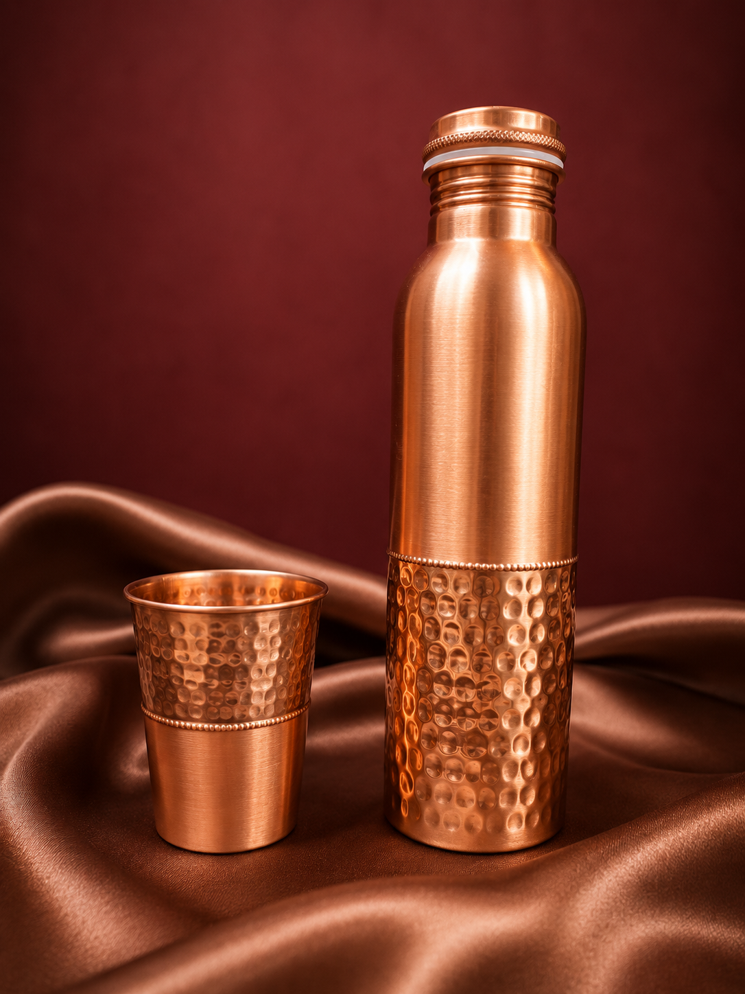 Dual Finish Half Hammered Copper Bottle & Glass Set
