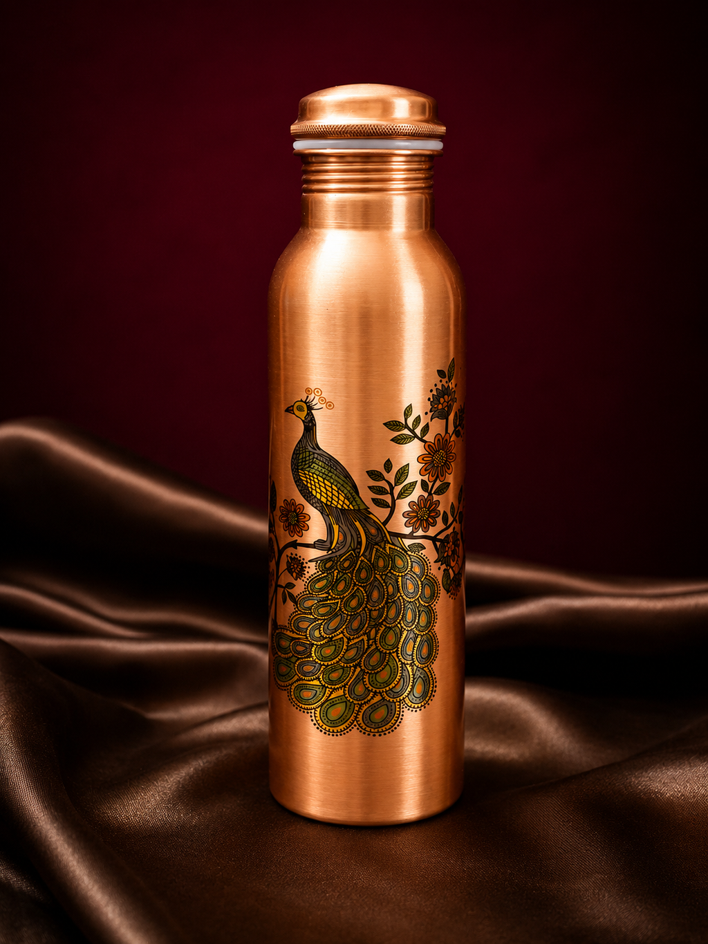 Peacock Crest Copper Bottle & Glass Set