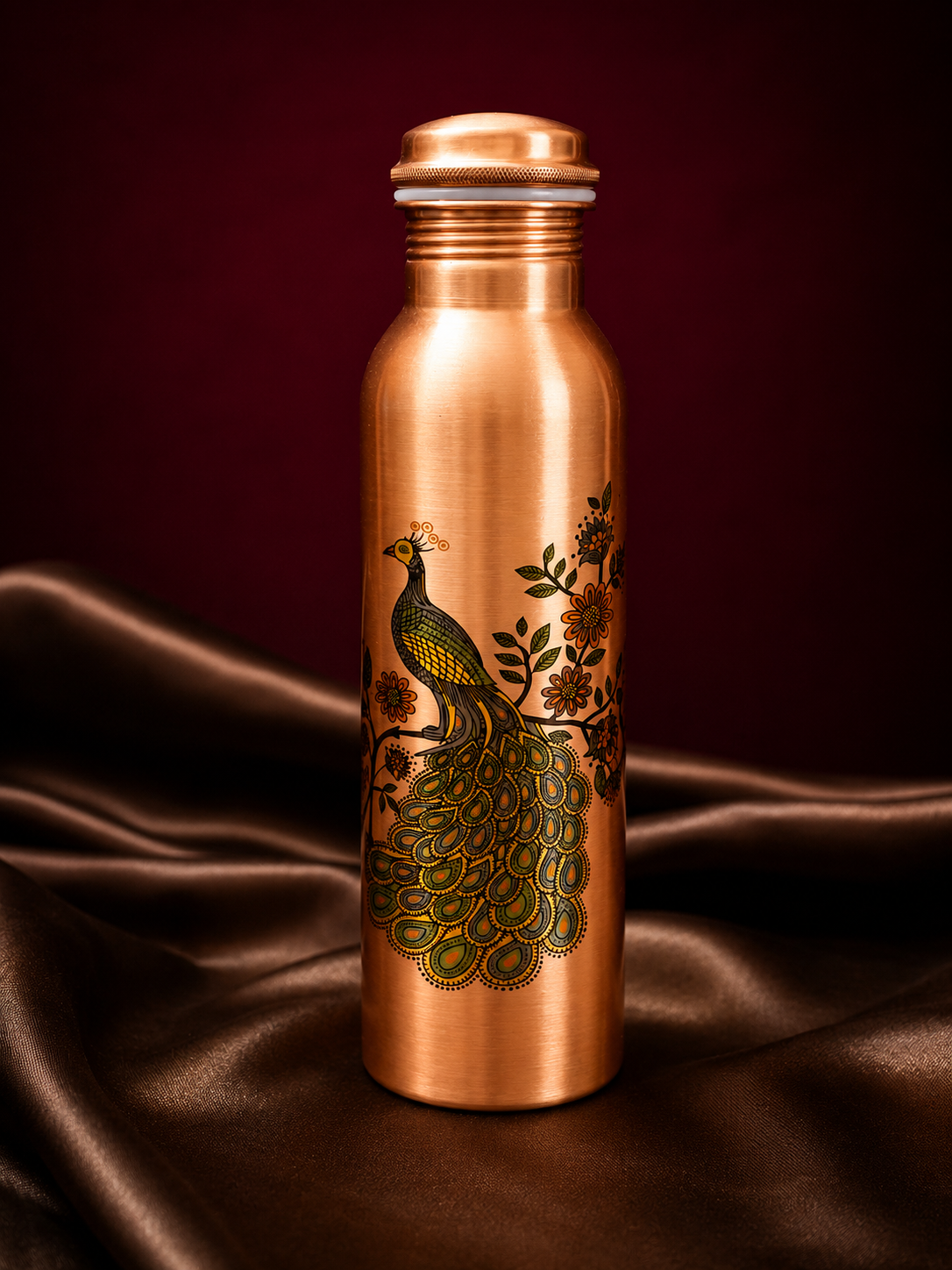 Peacock Crest Copper Bottle & Glass Set
