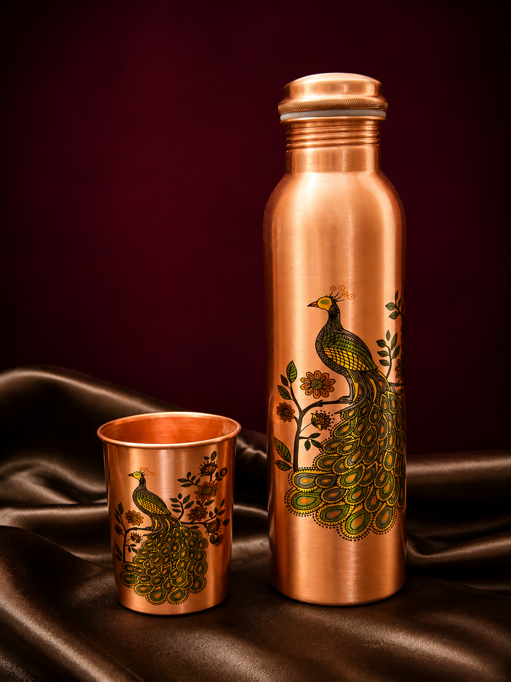 Peacock Crest Copper Bottle & Glass Set