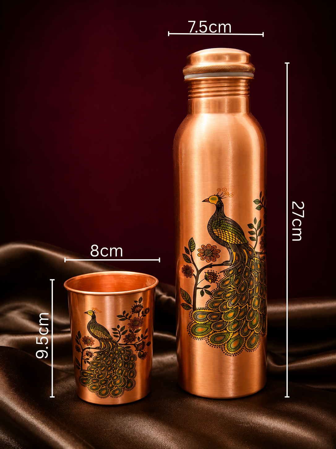 Peacock Crest Copper Bottle & Glass Set