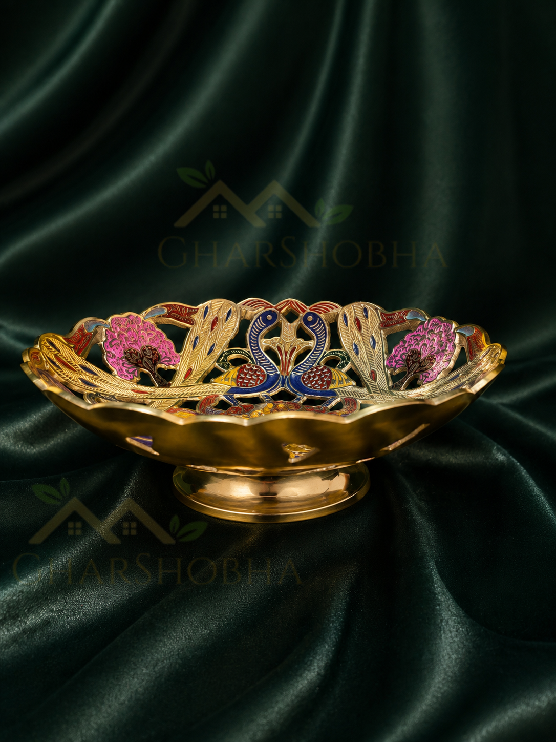 Ornate Peacock Enamel Brass Centerpiece
